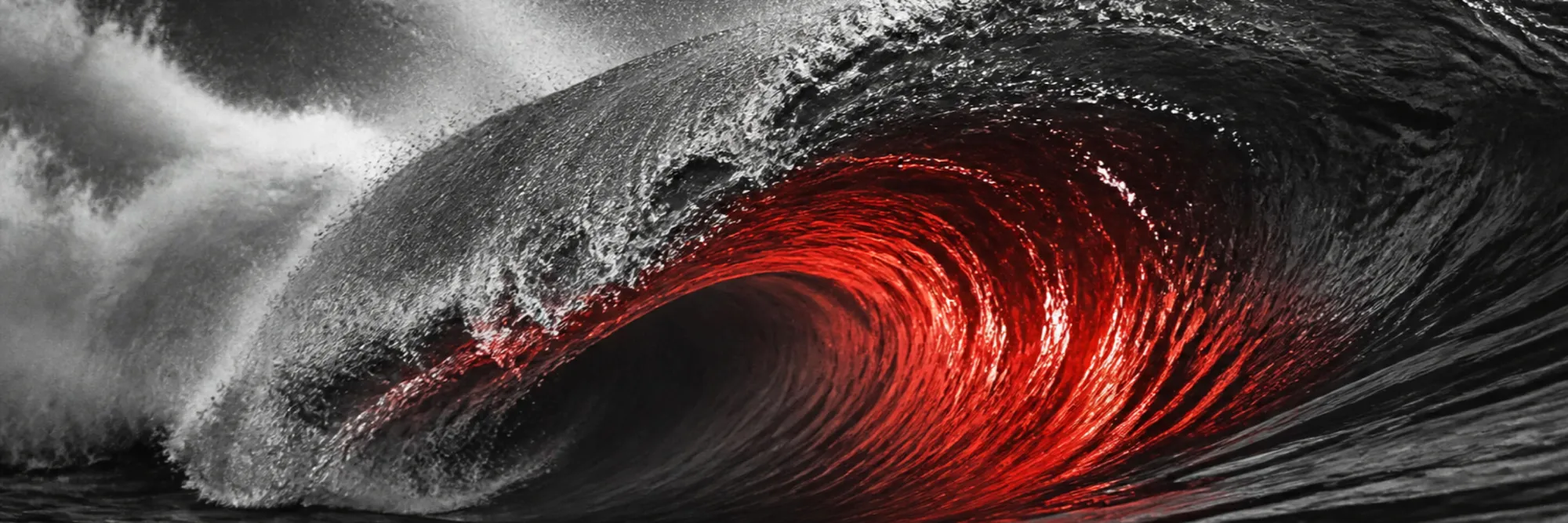 Monochrome Welle bricht als Röhre, rotes Licht glüht im Inneren des Barrels