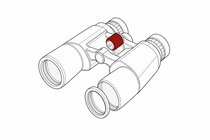 Technische Zeichnung: Fernglas, rotes Fokusrad und Objektivring schweben vor ihren Einbaustellen