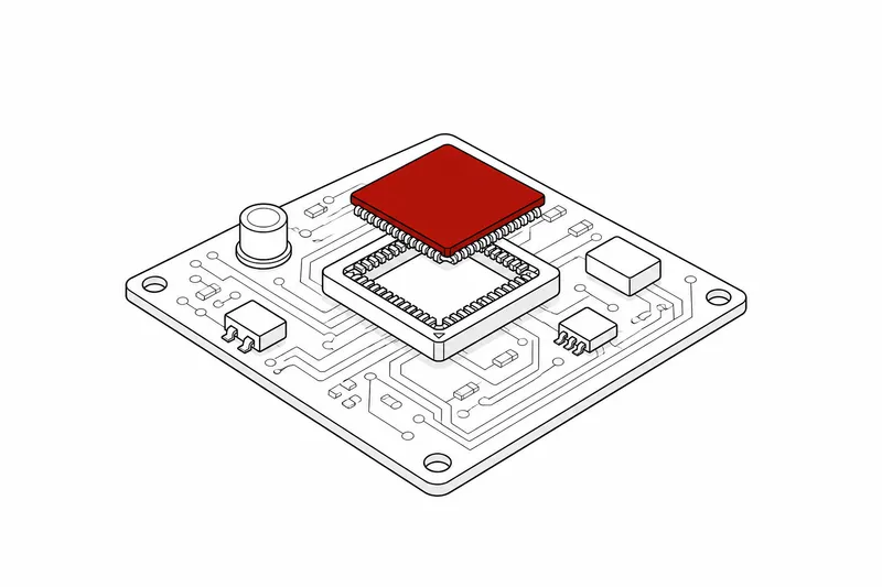Technische Zeichnung: Platine, der rote Chip schwebt knapp über seinem Sockel