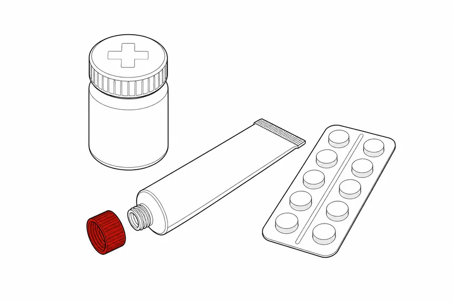 Technische Zeichnung: Pillendose mit geprägtem Kreuz, Salbentube und Tablettenblister; die rote Rändelkappe der Tube schwebt vor dem Gewinde