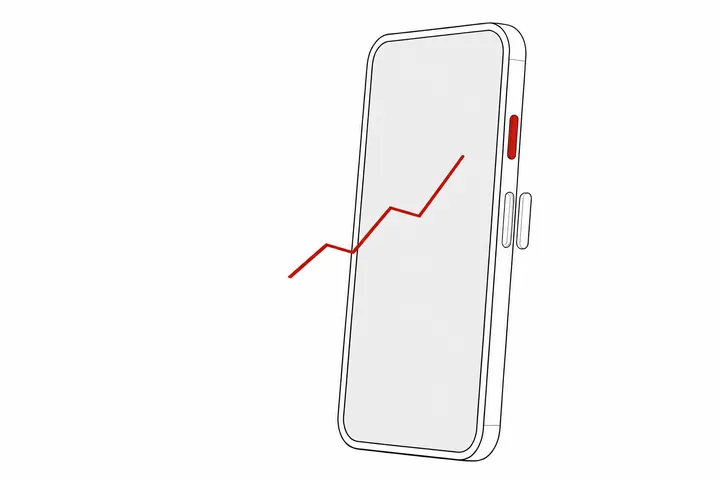 Technische Zeichnung: aufrecht stehendes Smartphone mit roter Seitentaste, vor dem Display schwebt eine rote Kurve, die links über die Gerätekante hinausragt